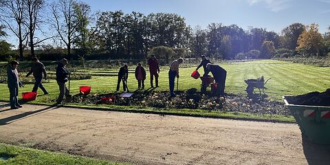 Mehrer Menschen stehen bei einem Rosenbeet an einem Sandweg. Sie haben Gartenwerkzeuge in den Händen. Schubkaaren und Eimer stehen dabenen. Die Sonne scheint hell und im Hintergrund sind viele Bäume zu sehen.  