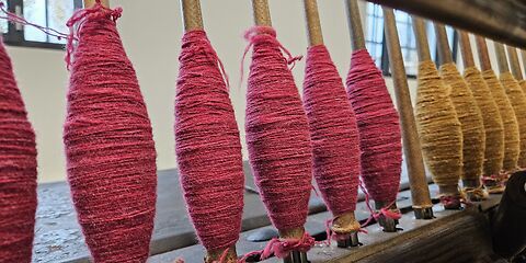 Auf dem Foto sind rote und gelbe historische Wollfäden auf Spulen aufgerollt zu sehen.