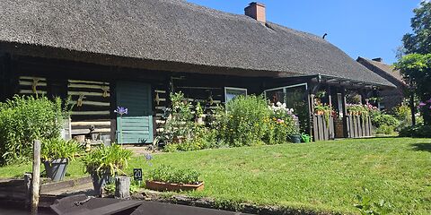 Zu sehen ist ein typisches Spreewaldhaus mit einem Reetdach. Direkt am Haus wachsen dekorative Blumen. Vor dem Haus liegt eine grüne Wiese. Am Ufer liegt ein traditioneller Holzkahn.