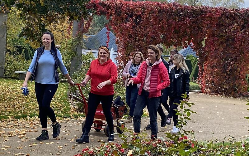 Gruppe mit Handwagen gehen durch den herbstlichen Park