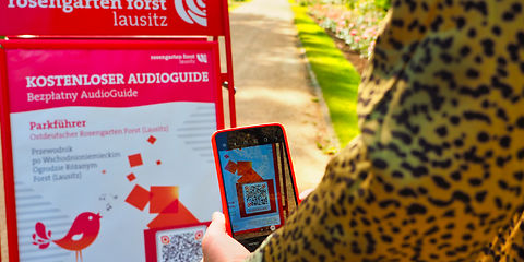 IM Vordergrund eine Person mit Handy, die einen QR Code vom Plakat scannt