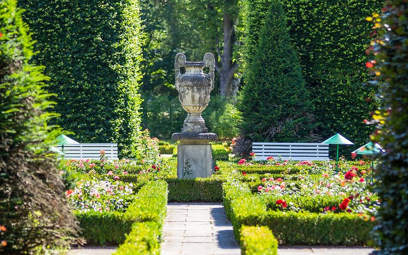 Teschendorffgarten mit Amphore in der Mitte, links und rechts eingerahmt von großen Formgehölzen 