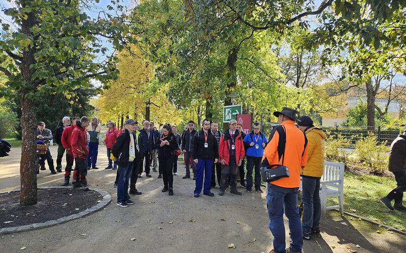 , Fotograf: J. Imberska, Copyright: J. Imberska Die Teilnehmenden am Parkseminar versammeln sich zwischen Bäumen im Ostdeutschen Rosengarten zum Abschlussrundgang.