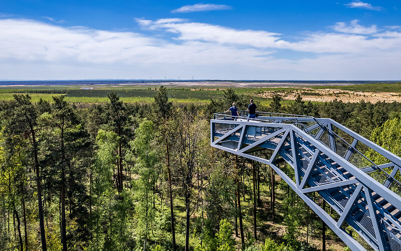 Auf dem Foto ist die Steinitzer Treppe zu sehen, die sich als Aussichtspunkt inmitten einer beeindruckenden Tagebaulandschaft erhebt. 