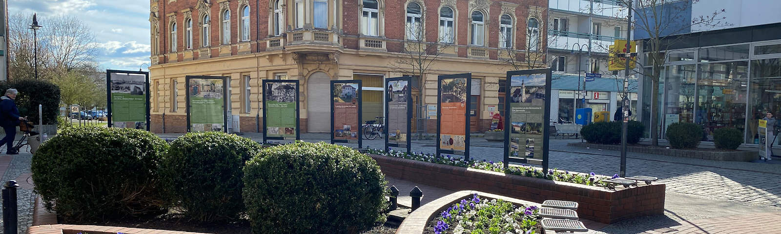 Die Beete um die Sitzecke gegenüber des Ambiente Ecks sind mit weißen und lilafarbenen Stiefmütterchen bepflant. Hinter dem Beet stehen Infotafeln. Links im Vordergrund wachsen 3 runde Büsche.