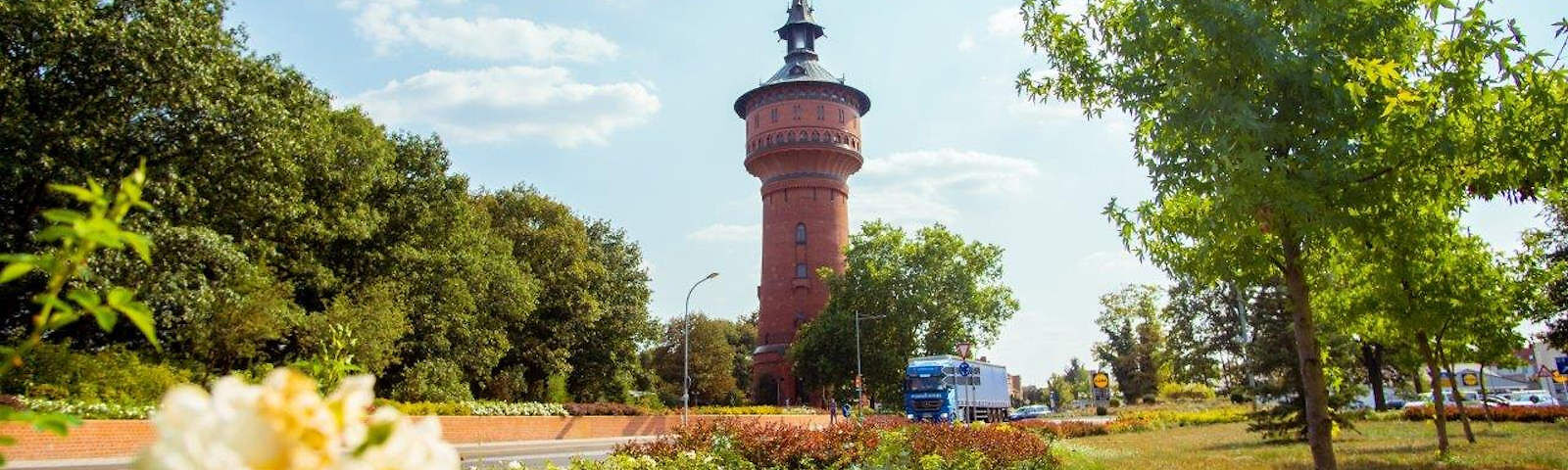 Mittig im Bild steht der Forster Wasserturm, umgeben von grünen Bäumen. Davor befindet sich ein Kreisverkehr, in welchem ein blauer LKW fährt. Links und rechts der Straße sind kleine Sträucher geplfanzt, auf der linken Seite der Straße befindet sich eine kleine Mauer.